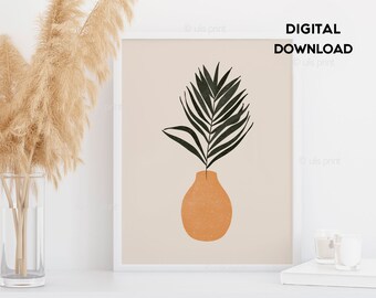 Palm Leaf Art Print, Vase Abstract Print, Potted Plant Art, Minimalist Tropical Print, Paint Stroke Leaves, Botanical Poster, Boho Imprimable Art