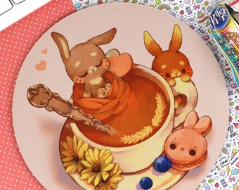 Cute bunny in a cup Mouse Pad, kawaii pastel rabbit Desk Mat, cute pink anime desk Decor, cottagecore yume kawaii mousepad, tea lover gift