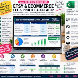 May include: A digital spreadsheet for Etsy and e-commerce fee and profit calculation displayed on a laptop screen. The interface includes tables for product costs, sales fees, and profit comparisons with charts, plus text labels for features and benefits.