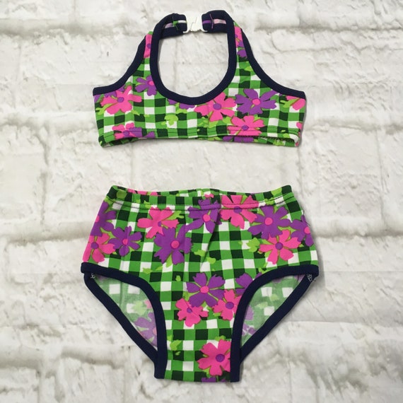 Vintage Green Gingham Pink Purple Flowers Girls Ki