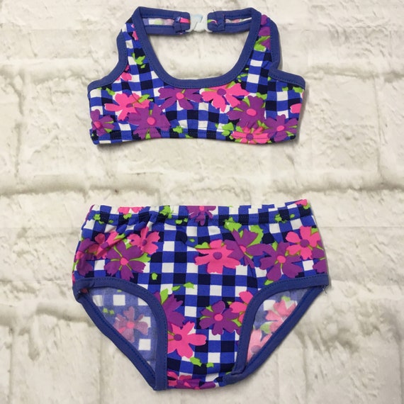Vintage Blue Gingham Pink Purple Flowers Girls Kid