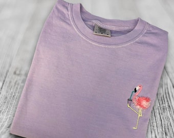 Flamingo with tumbler TShirt fringe embroidered shirt Comfort Colors Tee Shirt