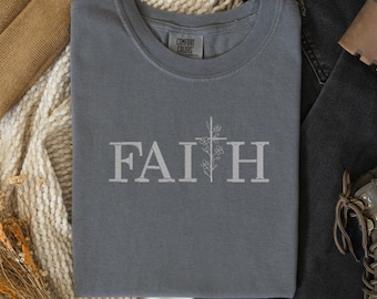 Christian Faith Cross floral embroidered tee shirt Comfort Colors Shirt