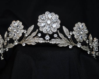 Full Size Strathmore Rose Tiara - Edwardian Crown Replica /1920 Royal Wedding Headpiece Swarovski Flower , Romantic Floral Leaf Tiara Silver