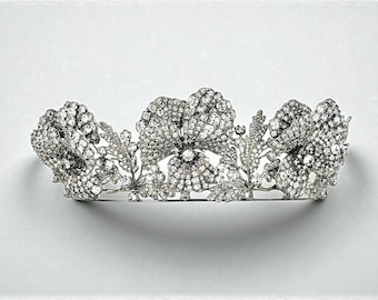 Belle Époque Pansy Flower Tiara Replica , Antique French Floral Wedding Crown, CZ Bridal Headpiece