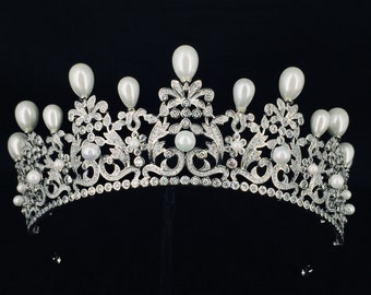 Pearl Crystal Silver Tiara, Edwardian Style Bridal Crown