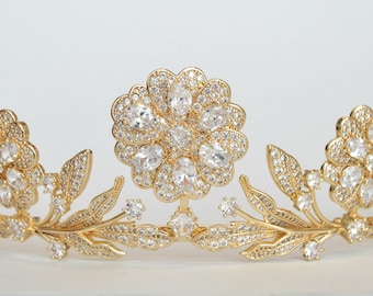 Gold Crystal Strathmore Rose Tiara Replica, Vintage Wedding Crown Headpiece