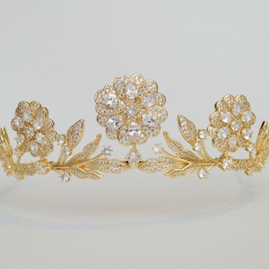 Gold Full Size Strathmore Rose Royal Tiara - Gold Floral Crown / English Royal Replica, Edwardian Crown, Swarovski Bridal Headpiece