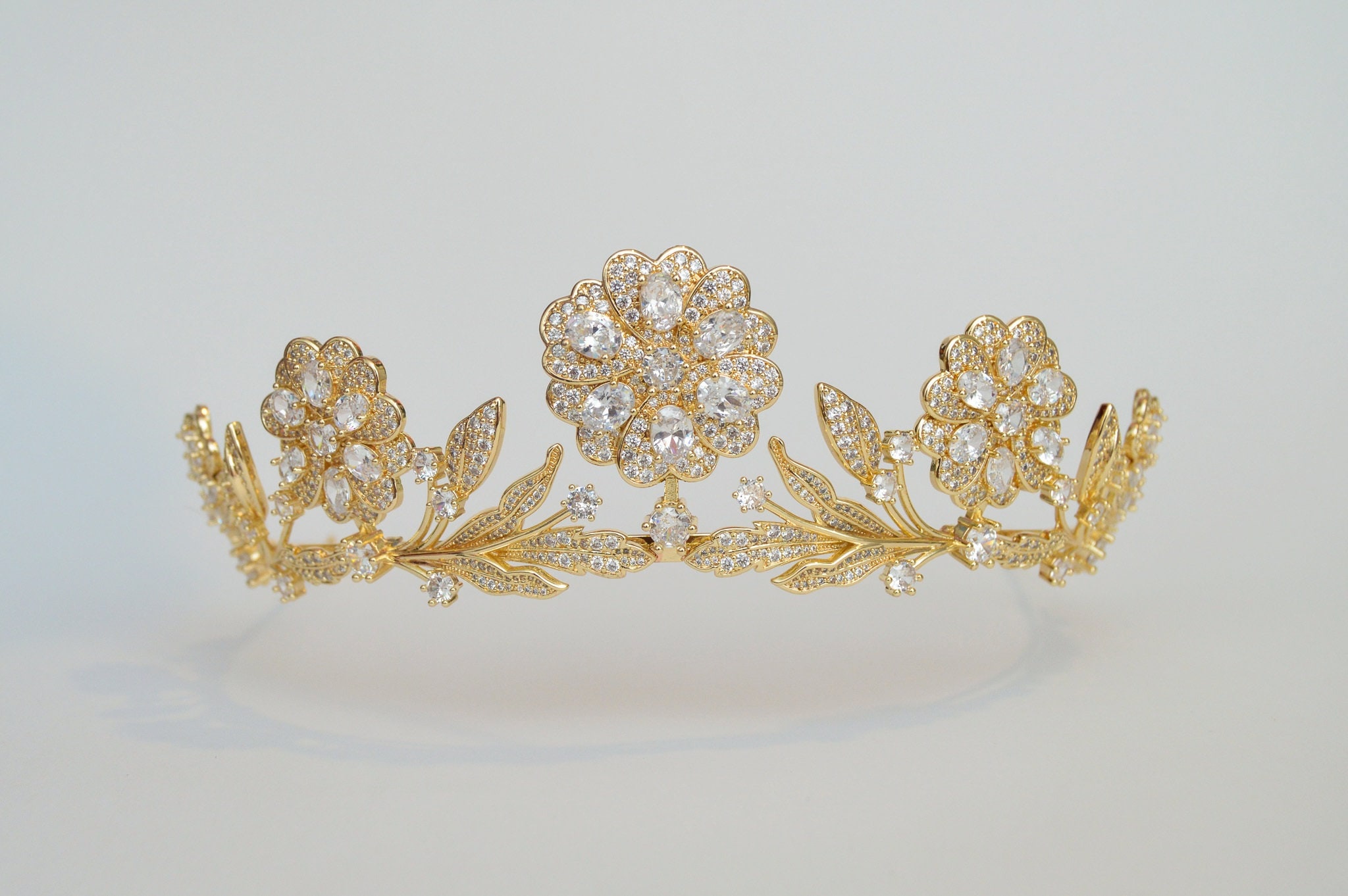 Gold Full Size Strathmore Rose Royal Tiara - Gold Floral Crown