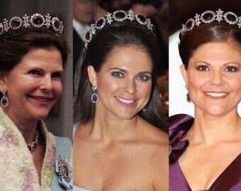 Royal Swedish Amethyst Parure Tiara and Earrings, Royal Tiara Replica, Deep Purple CZ Luxury Headpiece, Crown Princess Victoria