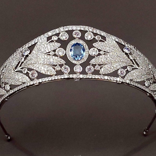 Königliche Hochzeits-Tiara Replik, Labor Aquamarin Kokoshnik, etwas Blaue Hochzeitskrone, Labor gewachsene Saphir Tiara, Vintage Replik Silber Tiara