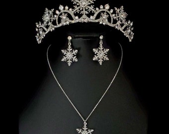 Swarovski Crystal Snowflake Bridal Jewelry Set, Silver Tiara Necklace Earrings for Winter Wedding