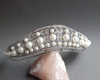 Pearl Bridal Tiara, Silver Crystal Leaf Bandeau Headpiece