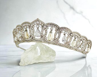 Pearl &  Diamond Loop Tiara Reproduction , Vladimir Inspired Wedding Crown, Platinum Plated Replica