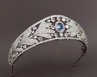 Nassau Tiara Replica, Lab Aquamarine or Blue Sapphire, Platinum Plated, Swarovski Crystals, Cubic Zirconia