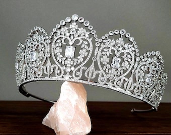 Brittany Tiara, Platinum CZ Belle Epoque Wedding Crown, Antique Inspired Bridal Headpiece