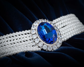 Princess Diana’s Blue Sapphire and Pearl Choker and Earrings , Luxury Royal Jewelry Replica