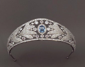 Nassau Sapphire Tiara Replica, Royal Kokoshnik Wedding Headpiece, Lab Grown Blue Sapphire