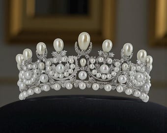 Empress Eugénie Pearl Tiara Replica – French Imperial Crown Jewel, Historic Bridal Diadem, Louvre Heist , Museum Pearl Crown
