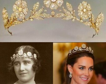 Gold Full Size Strathmore Rose Royal Tiara - Gold Floral Crown / English Royal Replica, Edwardian Crown, Swarovski Bridal Headpiece