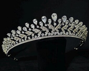 Platinum Plated Cubic Zirconia Silver Bridal Crown, Wedding Hair Piece ,  Luxury Crystal Tiara