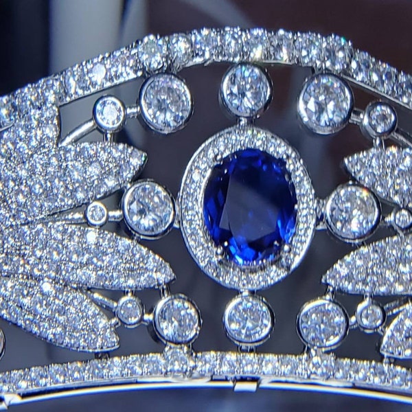 Royal Wedding Tiara Replica, Real Blue Sapphire Kokoshnik, Princess Crown, Real Aquamarine Tiara, Blue Tiara, Something Blue Tiara Crown,