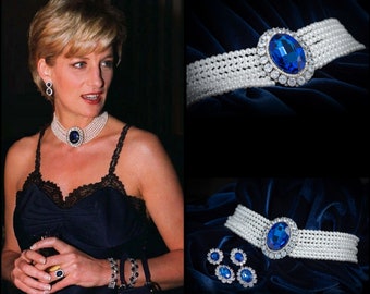 Princess Diana's Sapphire Choker and Earrings, Sapphire and Pearl Necklace with Earrings, Royal Jewelry Replica,