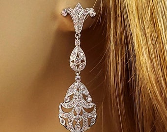 Art Deco Drop Earrings, Silver and Cubic Zirconia Bridal Earrings,  Wedding Jewelry,