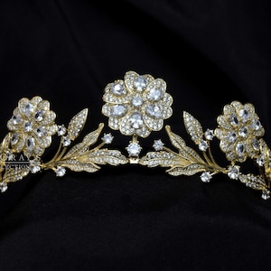 Full Size Pale Gold Strathmore Rose Tiara - Romantic English Rose and Leaves CZ Headpiece/ Royal Replica, Gold Swarovski Floral Tiara