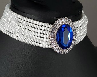 Princess Diana's Sapphire Choker and Earrings, Sapphire and Pearl Necklace with Earrings, Royal Jewelry Replica,