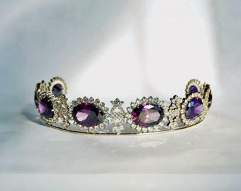 Royal Swedish Amethyst Parure Tiara and Earrings, Royal Tiara Replica, Deep Purple CZ Luxury Headpiece, Crown Princess Victoria