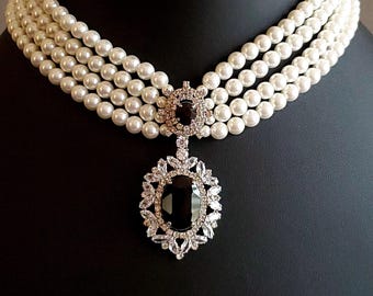 Black CZ Pearl Choker Set With Earrings, Victorian Jewelry, Dark Romance Statement Necklace