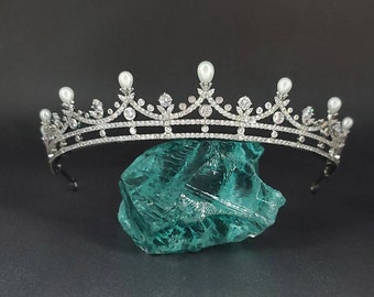 Pearl and Swarovski Crystal Wedding Tiara, Replica Tiara, Vintage Inspired Silver Crystal and Pearl Crown, Edwardian Style Tiara