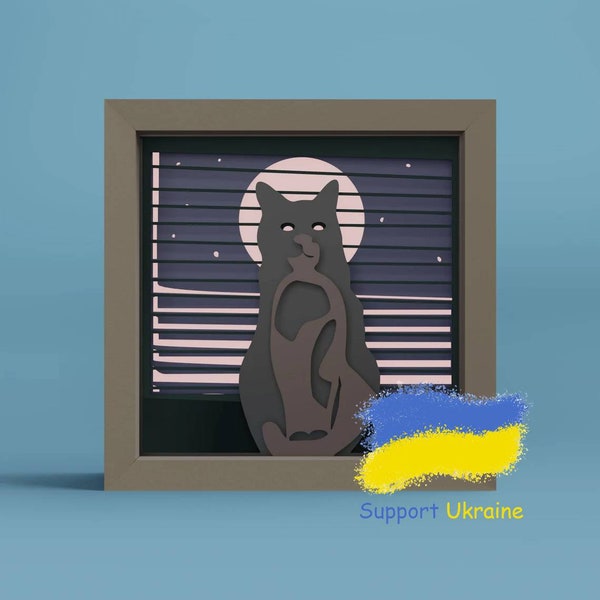 Cat and Moon Lightbox + DIY frame Template, Cutting files svg pdf png dxf eps for Papercut 3d layered Shadow Box