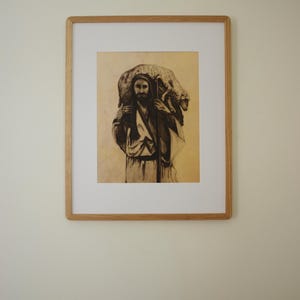 Gesù pastore, quando ritrova ciò che era perduto, pecora smarrita, arte cristiana, dipinto a olio su tela di L. Ortwerth / stampa artistica