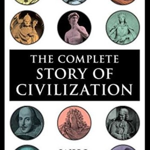 Op de afbeelding: Een boekomslag met de titel "De complete geschiedenis van de beschaving" van Will Durant. De omslag toont een collage van portretten van historische figuren, waaronder filosofen, kunstenaars en heersers.