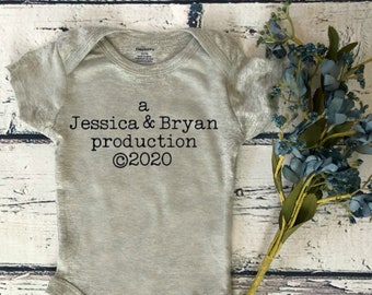 Custom Pregnancy Announcement Bodysuit ** "Production" bodysuit ** New Parents baby gift ** New Baby Bodysuit Gift