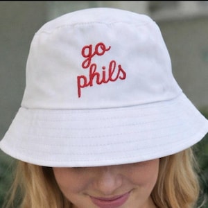 Embroidered Phillies Bucket Hat | Philly Script Hat | Red or White Baseball Bucket Hat | Game Day Hat | Philly Fan Gift