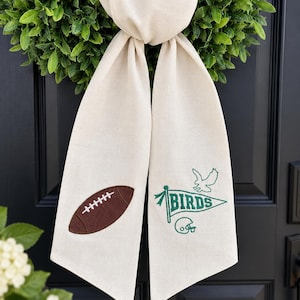 Embroidered Football Wreath Sash, Birds Game Day Wreath Bow, Philadelphia Football Door Decor, Green Football Wreath Sash