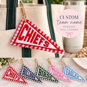 Personalized Team Pennant Bag Charm | Custom Embroidered Team Name Keychain | Gingham Sports Bag Accessory | School Spirit Gift