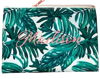 Palm Leaf Cosmetic Zipper Pouch ** Personalized Palm Leaf makeup bag ** Palm Leaf Bachelorette Gift