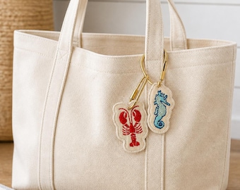 Coastal Embroidered Bag Charms | Lobster & Seahorse Keychain | Preppy Gingham Charm | Beach Tote Accessory | Nautical Gift