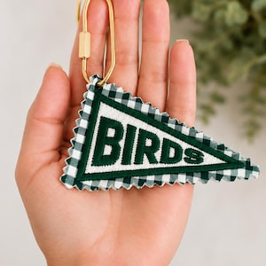 Birds Pennant Bag Charm | Embroidered Football Keychain | Game Day Purse Charm | Green Gingham Bag Accessory | Tailgate Gift | Football F
