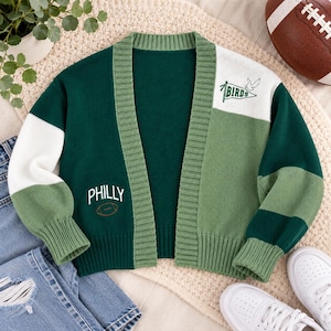 Embroidered Football Cardigan, Green Colorblock Knit Sweater, Game Day Cardigan, Oversized Football Sweater, Women's Sports Fan Outfit