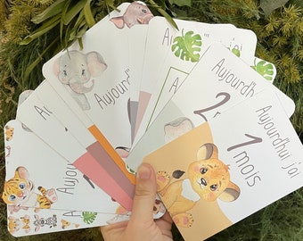 CARTES NAISSANCE étapes / Jungle /  SAFARI / souvenirs bébé / naissance 12 mois