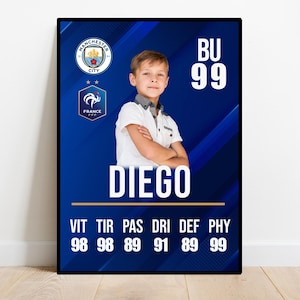 Affiche Carte Foot Performance score enfant personnalisée avec photo , format A4 ou A3 , cadeau anniversaire, de noël