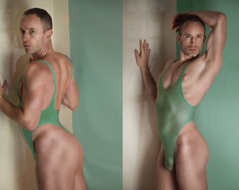 A - Peacock green wrestling singlet / bodysuit / leotard thong