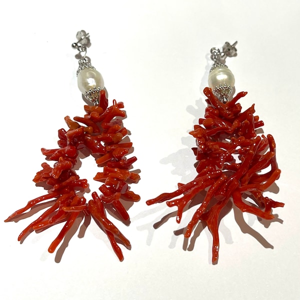 Boucles d’oreilles branches corail rouge et perles