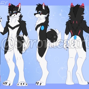 Puede incluir: Una ilustraci&oacute;n digital de un personaje de lobo blanco y negro con detalles azules. El lobo se muestra en tres poses: frontal, lateral y posterior. El fondo es azul claro con estrellas blancas.