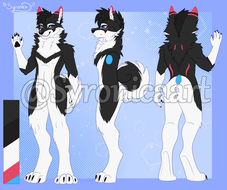 Puede incluir: Una ilustraci&oacute;n digital de un personaje de lobo blanco y negro con detalles azules. El lobo se muestra en tres poses: frontal, lateral y posterior. El fondo es azul claro con estrellas blancas.